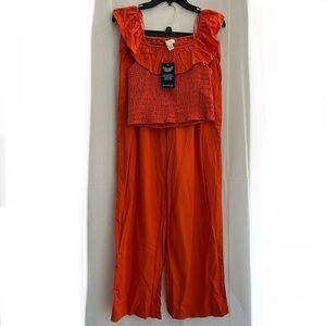 Vibrant Orange Linen Ruffled Set (Tank Top and Pants) Size XL
